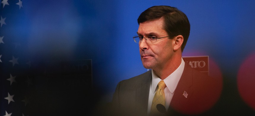 U.S. Secretary for Defense Mark Esper speaks during a media conference at the conclusion of a meeting of NATO defense ministers at NATO headquarters in Brussels, Thursday, Feb. 13, 2020.