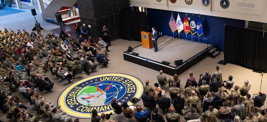 Defense Secretary Dr. Mark T. Esper hosts a town hall during his visit to the headquarters of U.S. Strategic Command at Offutt Air Force Base, Neb., Feb. 20, 2020.