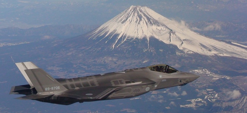A Japan Air Self-Defense Force F-35A flies past Mt. Fuji on its way to Misawa Air Base. The aircraft, known as AX-6, was the second F-35A built in Japan at the Mitsubishi Heavy Industries (MHI) F-35 Final Assembly and Check Out (FACO) facility in Nagoya.