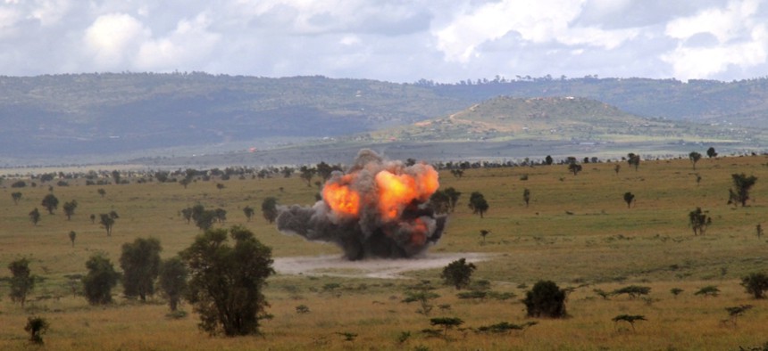 Kenyan Army explosive ordnance disposal (EOD) trainees detonate ordnance outside Nairobi, Kenya, during land-mine training conducted with U.S. Combined Joint Task Force - Horn of Africa.