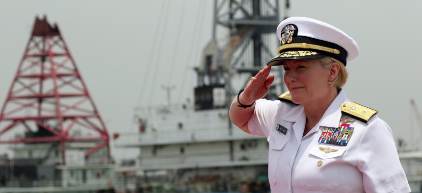 U.S. Navy Rear Admiral Heidi Berg, Director of Intelligence for U.S. Africa Command, boards a Nigerian vessel after the opening ceremony of Obangame Express 2019 on March 14, 2019.