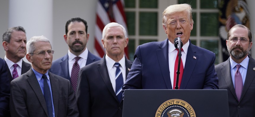 President Donald Trump speaks during a news conference about the coronavirus in the Rose Garden of the White House, Friday, March 13, 2020, in Washington.