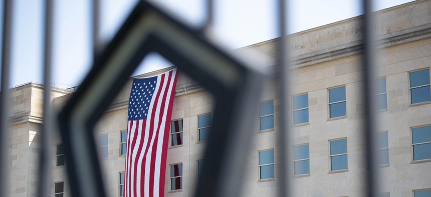 An American flag hangs over the Pentagon, Sept. 11, 2019, on the anniversary of the 9/11 attacks.