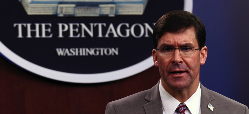 Defense Secretary Mark Esper speaks during a briefing at the Pentagon in Washington, Monday, March 2, 2020. 