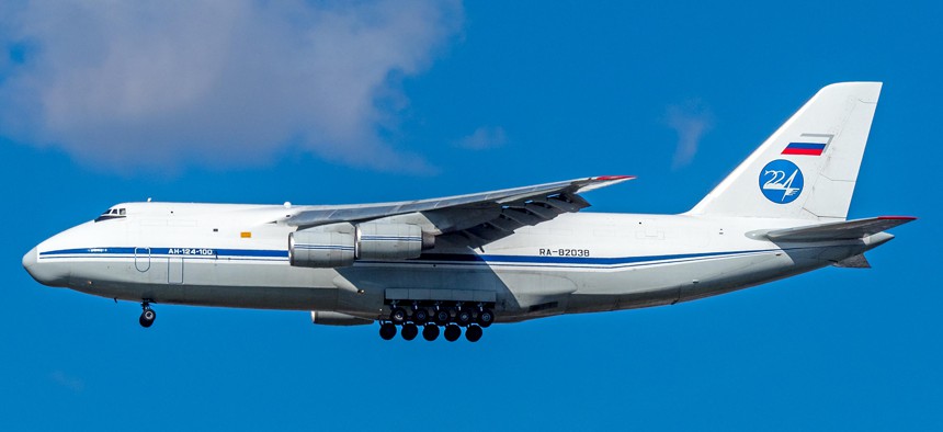 A Russian air force An-124 cargo plane carrying medical supplies lands at New York's JFK Airport on Wednesday April 1.