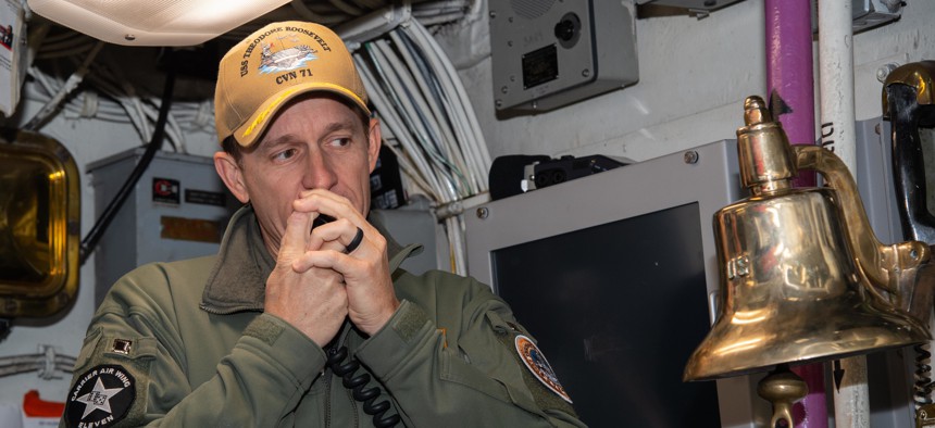 Capt. Brett Crozier, commanding officer of the aircraft carrier USS Theodore Roosevelt (CVN 71), addresses the crew Jan. 17, 2020