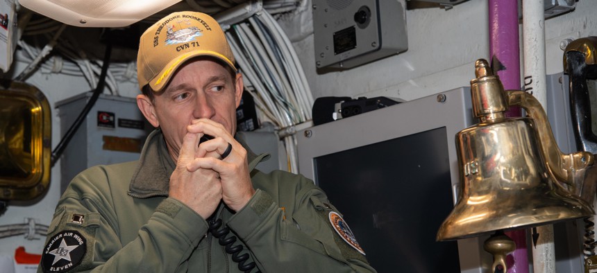 Capt. Brett Crozier, commanding officer of the aircraft carrier USS Theodore Roosevelt (CVN 71), addresses the crew Jan. 17, 2020. The Theodore Roosevelt Carrier Strike Group is on a scheduled deployment to the Indo-Pacific.