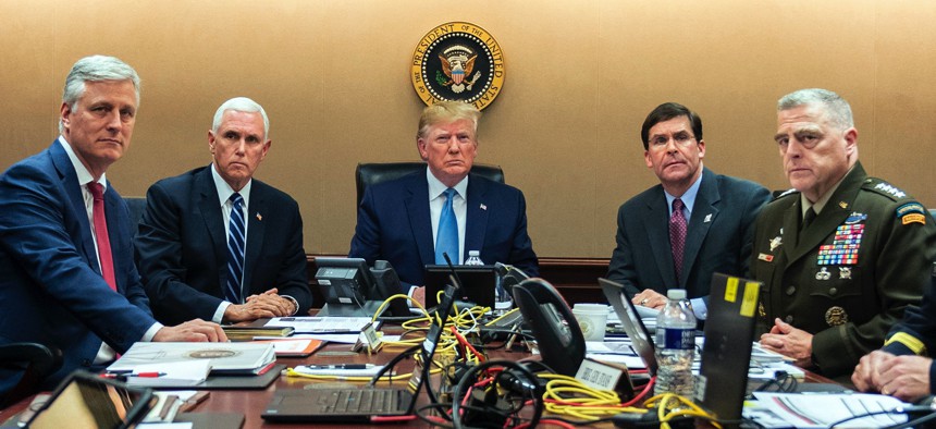 President Donald Trump and national security officials on Oct. 26, 2019, in the Situation Room of the White House in Washington, monitoring developments as in the U.S. Special Operations forces raid that killed Islamic State leader Abu Bakr al-Baghdadi.