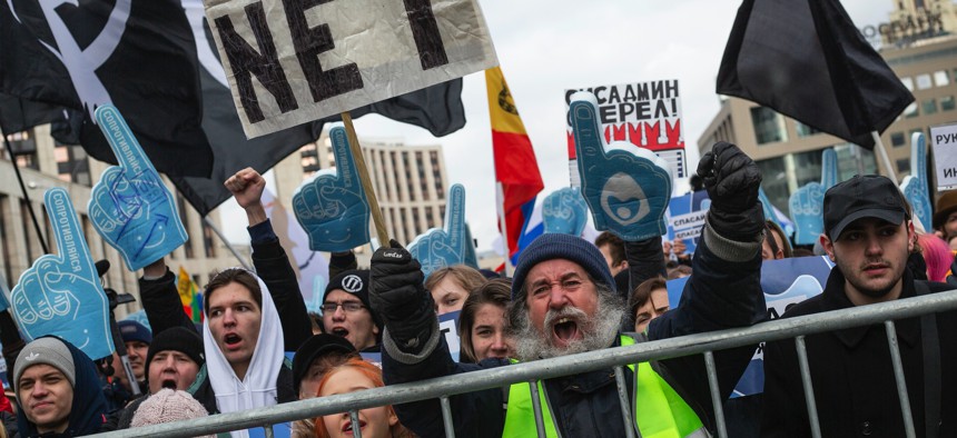 Demonstrators protest in Moscow in March 2019 against a soon-to-be-passed law that requires various internet traffic to pass through servers that can be surveilled by government officials.