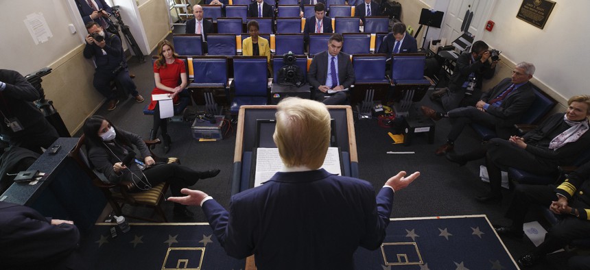 President Donald Trump speaks during a coronavirus task force briefing at the White House, Friday, April 10, 2020, in Washington. 