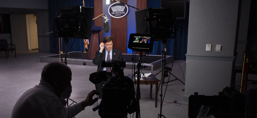 Secretary of Defense Mark Esper is interviewed by NBC's TODAY Show in the Pentagon Briefing Room on April 16, 2020.