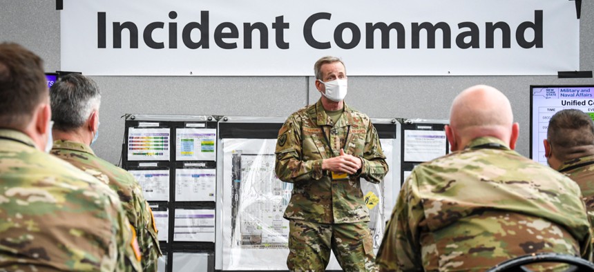 U.S. Air Force Gen. Terrence J. O’Shaughnessy, commander, U.S. Northern Command (NORTHCOM), speaks to military personnel during his visit to the Javits New York Medical Station. 