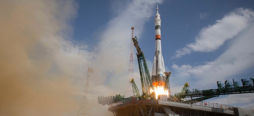 A Soyuz rocket carrying a new crew to the International Space Station blasts off in Kazakhstan on April 9, 2020..