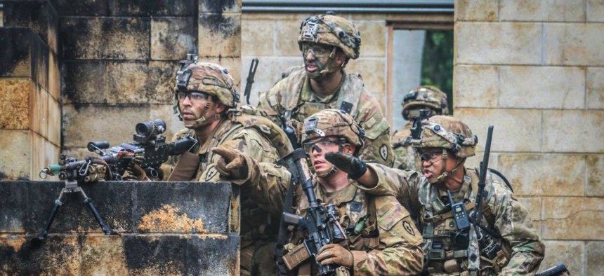 U.S. soldiers participate in a training exercise at Kahuku Training Area on Oahu, Hawaii, March 13, 2020.