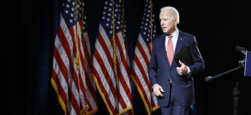 Democratic presidential candidate former Vice President Joe Biden departs after speaking about the coronavirus Thursday, March 12, 2020, in Wilmington, Del. 