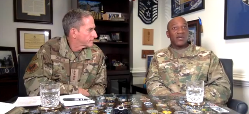Air Force Chief of Staff Gen. David Goldfein, left, and Chief Master Sgt. Kaleth Wright address airmen on the topic of racism in a video posted on June 2, 2020.