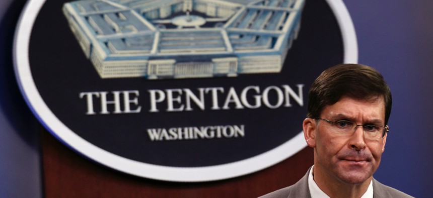 Defense Secretary Mark Esper speaks during a briefing at the Pentagon in Washington, Monday, March 2, 2020.