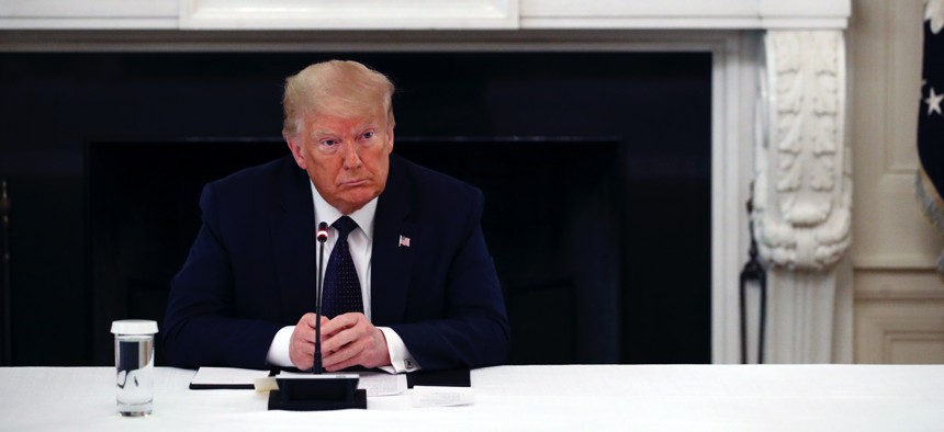 President Donald Trump listens during a roundtable discussion with law enforcement officials on June 8, 2020, at the White House.
