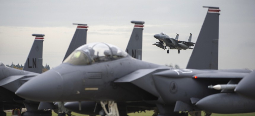 An F-15C Eagle from the 493rd Fighter Squadron, prepares to land on the flight line at Royal Air Force Lakenheath, England.