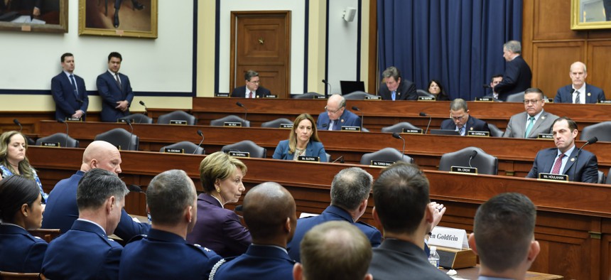 Air Force Chief of Staff Gen. David L. Goldfein, Air Force Secretary Barbara M. Barrett and Chief of Space Operations Gen. John W. Raymond testify before the House Armed Services Committee in Washington, D.C., March 4, 2020.