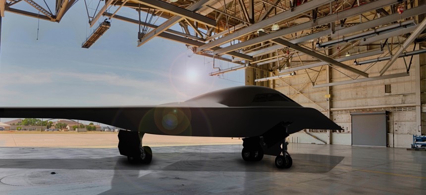 A rendering of a B-21 bomber at Dyess Air Force Base in Texas.