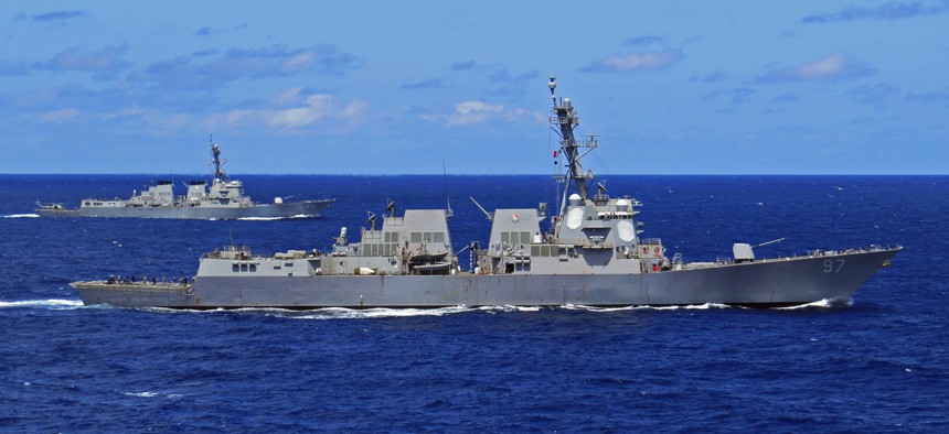 USS Preble (DDG 88) and USS Halsey (DDG 97) are underway together in the Pacific Ocean, June 5, 2020.