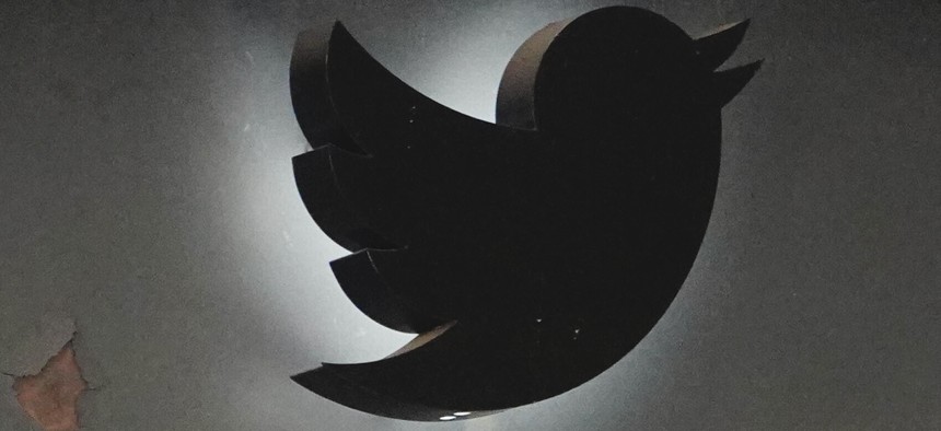 A view of Twitter logo as seen in from its Chelsea office during the coronavirus pandemic on May 13, 2020 in New York City.
