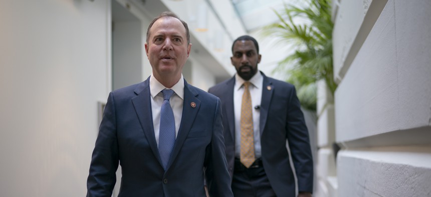 Lead House impeachment manager, Intelligence Committee Chairman Adam Schiff, D-Calif., arrives to meet with fellow Democrats at the Capitol in Washington, Wednesday, Feb. 5, 2020.