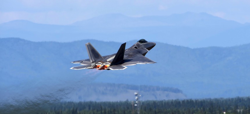 A U.S. Air Force F-22 Raptor takes off for training during exercise Arctic ACE at Joint Base Elmendorf-Richardson, Alaska, July 17, 2017.