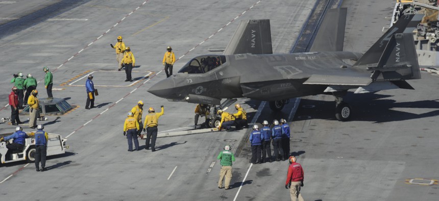 An F-35C Lightning II carrier variant, assigned to the Salty Dogs of Air Test and Evaluation Squadron (VX) 23, taxis on the flight deck of the aircraft carrier USS George Washington (CVN 73) in 2016.