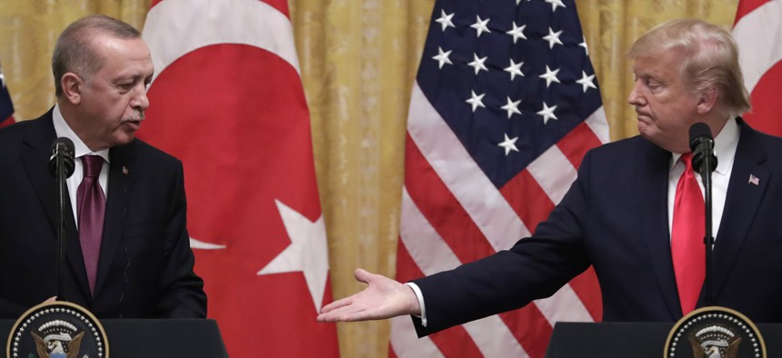 President Donald Trump speaks during a news conference with Turkish President Recep Tayyip Erdogan in the East Room of the White House, Wednesday, Nov. 13, 2019, in Washington.