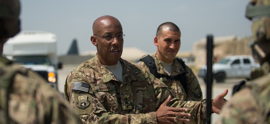 U.S. Air Force Lt. Gen. Charles Q. Brown Jr., speaks to Airmen at Bagram Air Field, Afghanistan, July 25, 2015. 