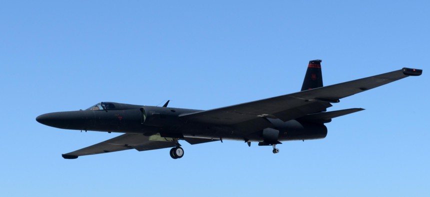 A U-2 Dragon Lady piloted by Maj. J.J., 1st Reconnaissance Squadron student pilot, prepares to land Aug. 31, 2016, at Beale Air Force Base, California. 