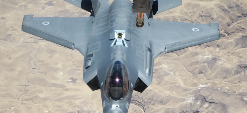 An Israeli Air Force F-35I approaches a U.S. Air Force tanker to refuel over southern Israel on Aug. 2, 2020.