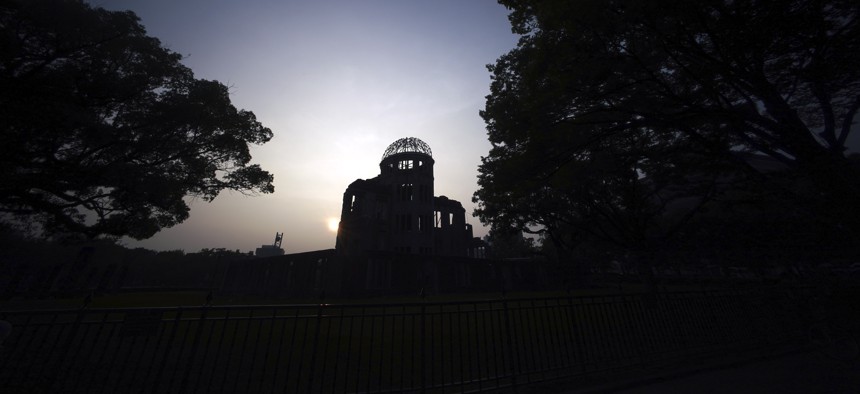 The Atomic Bomb Dome is seen in dusk in Hiroshima, western Japan, Tuesday, Aug. 4, 2020.