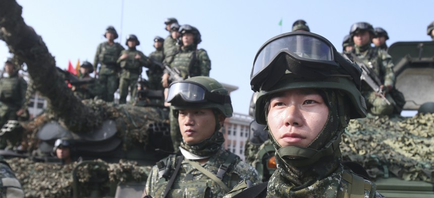 Soldiers pose for press during a military exercise in Kaohsiung, southern Taiwan, on Jan. 15, 2020.