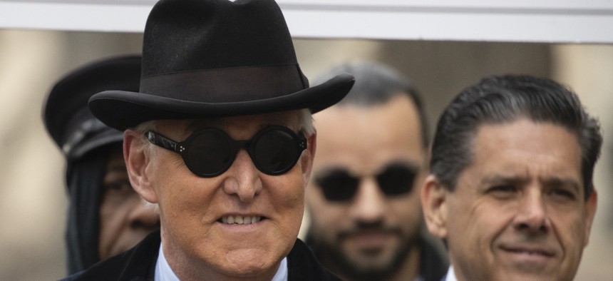 Roger Stone arrives for his sentencing at federal court in Washington, Thursday, Feb. 20, 2020. 