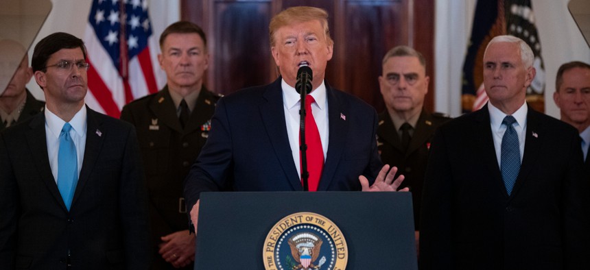 President Donald Trump addresses the nation with Defense Secretary Mark Esper and members of the Joint Chiefs of Staff, including Chairman Gen. Mark Milley, Army Gen. James McConville, and Air Force Gen. David Goldfein. 