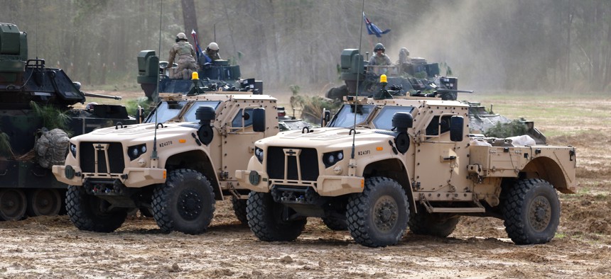 Two JLTVs during an exercise at Fort Stewart, Georgia.
