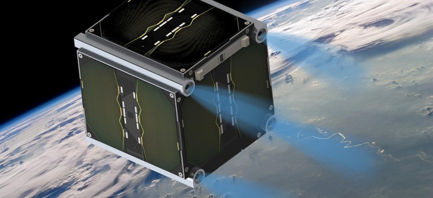 An artist rendition of Morpheus Space nano thrusters on a 1U CubeSat.