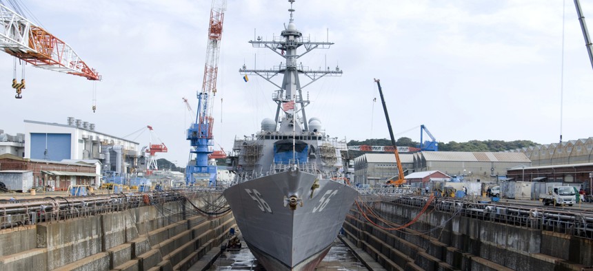 The guided-missile destroyer USS John S. McCain is in dry dock at Fleet Activities Yokosuka during a scheduled dry-dock selective restricted availability.