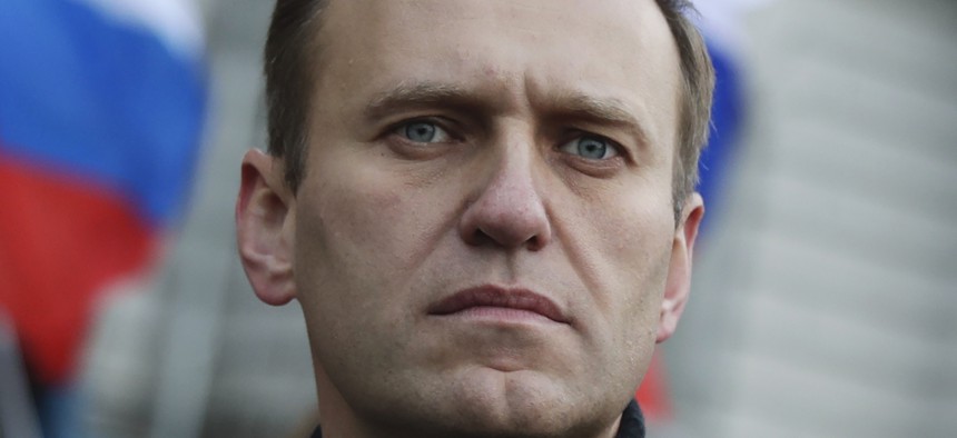 Saturday, Feb. 29, 2020, Russian opposition activist Alexei Navalny takes part in a march. Navalny recently remerged from a coma that German doctors say was caused by the Russian nerve agent Novichok.