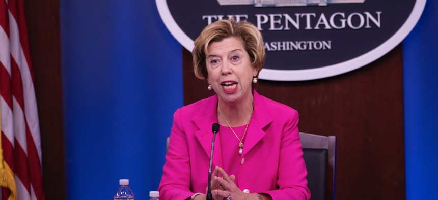 Under Secretary of Defense for Acquisition & Sustainment Ellen Lord holds an on-camera, on the record press briefing August 20, 2020, in the Pentagon Briefing Room.
