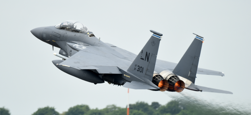 An F-15E Strike Eagle assigned to the 492nd Fighter Squadron takes off from RAF Lakenheath, United Kingdom, May 27, 2020.