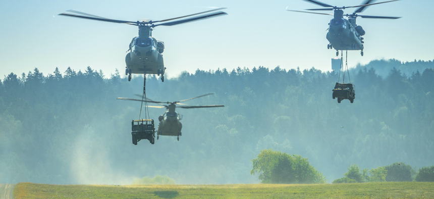Soldiers conduct simulated air assaults at Hohenfels Training Area, Germany, Aug. 10, 2020, for Saber Junction 20, an annual U.S. Army Europe-directed exercise.