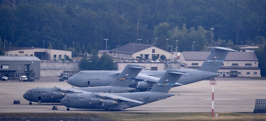 A US military aircraft takes off at United Staes' Ramstein Air Base in Ramstein, Germany, Tuesday, June 9, 2020. According to various media outlets, the US wants to reduce the number of soldiers stationed in Germany.