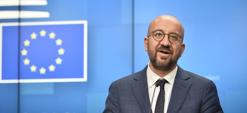 European Council President Charles Michel speaks during a press conference at an EU summit at the European Council building in Brussels, Friday, Oct. 2, 2020