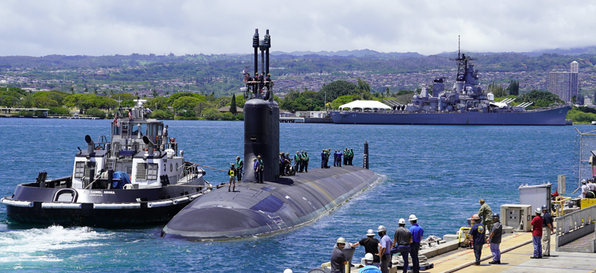 USS Missouri (SSN 780), a Virginia-class fast-attack submarine, departs Pearl Harbor Naval Shipyard and Intermediate Maintenance Facility on May 10, 2020.