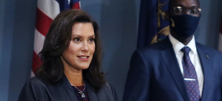In this Sept. 2, 2020, photo, Gov. Gretchen Whitmer addresses the state during a speech in Lansing, Mich.