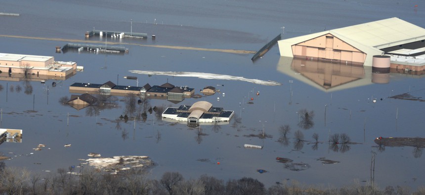 Water covered one-third of Offutt Air Force Base, Nebraska, after the Missouri River flooded in March 2019. 